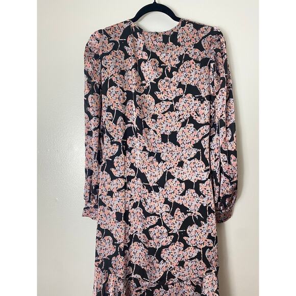 ANTHROPOLOGIE DRESS CABALLERO WRAP MIDI METALLIC FLORAL BLACK CORAL TAN FALL - Picture 12 of 16